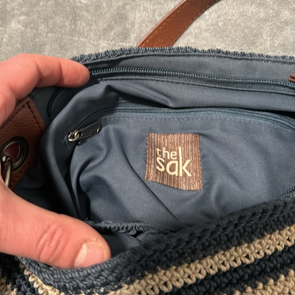 The Sak Crochet Purse, Navy Blue, White Striped, Brown, Zipper, Shoulder, Boho - Picture 5 of 11